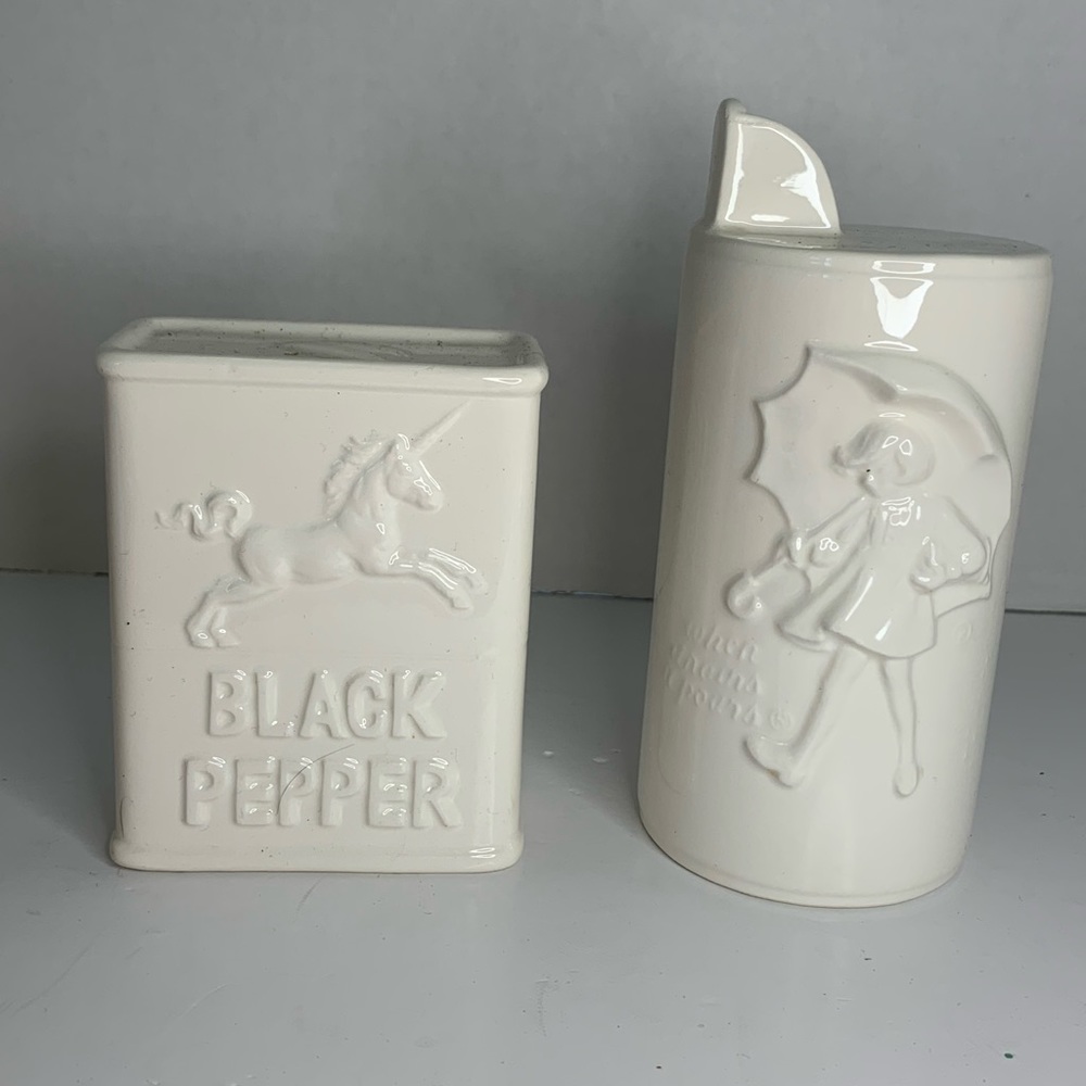 Haldon Group - vintage salt & pepper shakers - Morton's girl & schilling unicorn